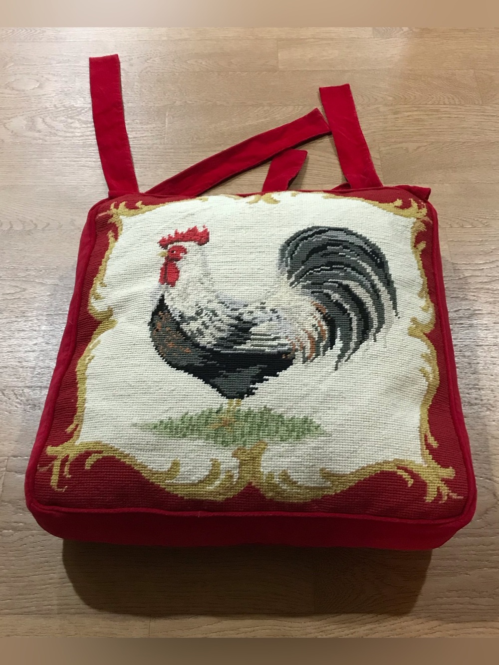 Vintage Red rooster needlepoint chair cushion